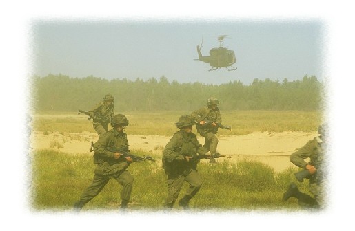 Helicopter landing zone with soliders rushing to battle