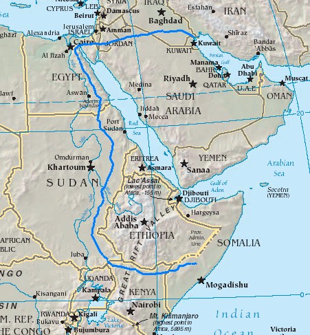 Map showing an impossible river course if Cush is Ethiopia