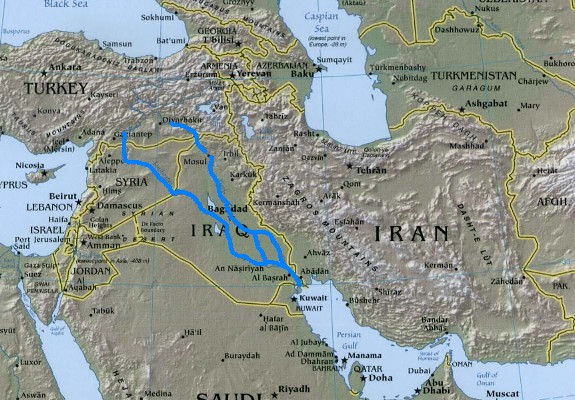 Map showing the Mideast with a focus on Iraq highlighting the Tigris and Euphrates rivers